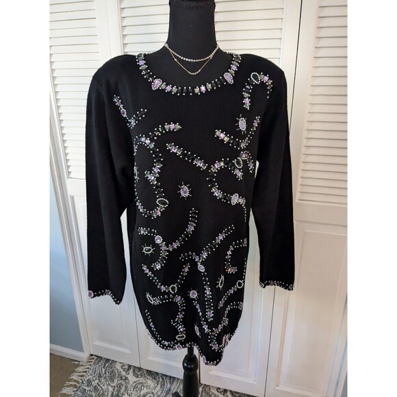 Anne Klein Sweaters - ANNE KLEIN by Sadimara Vtg Sweater Womens Sz L Black Embellished Beads Glam 90s